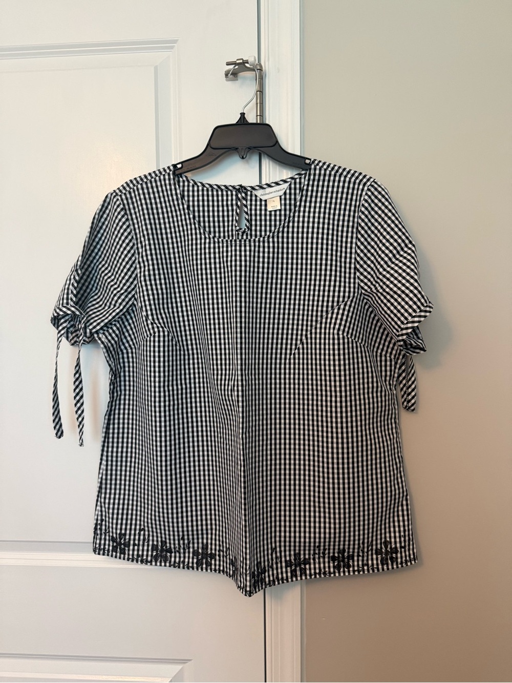 Christopher & Banks Black and White Gingham Tie-Sleeve Blouse